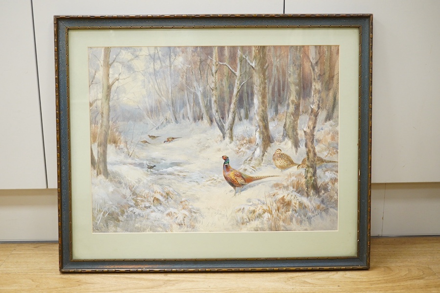 Roland Green (1896-1972), heightened watercolour, Pheasants and bird in woodland, signed, 37 x 50cm. Condition - fair to good